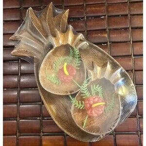 Set Of 3 Pineapple Shaped Monkey Pod Wooden Luau Bowls Sealed Vintage NOS